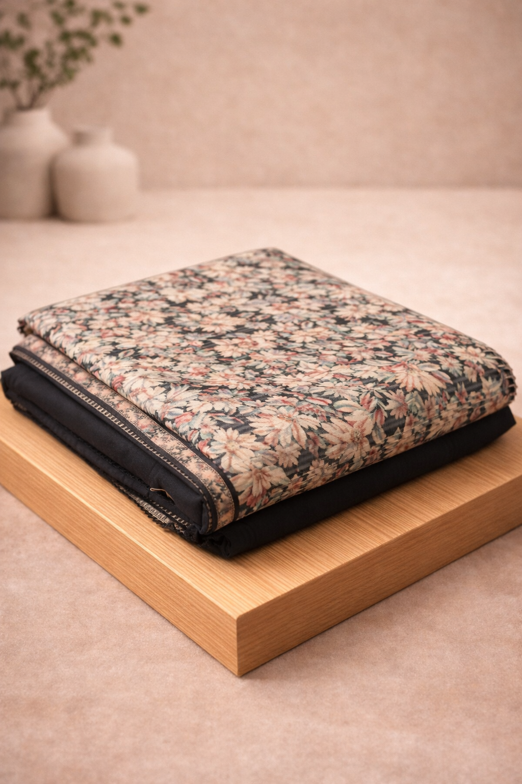 BLACK FLORAL UNSTICHED SUIT SET