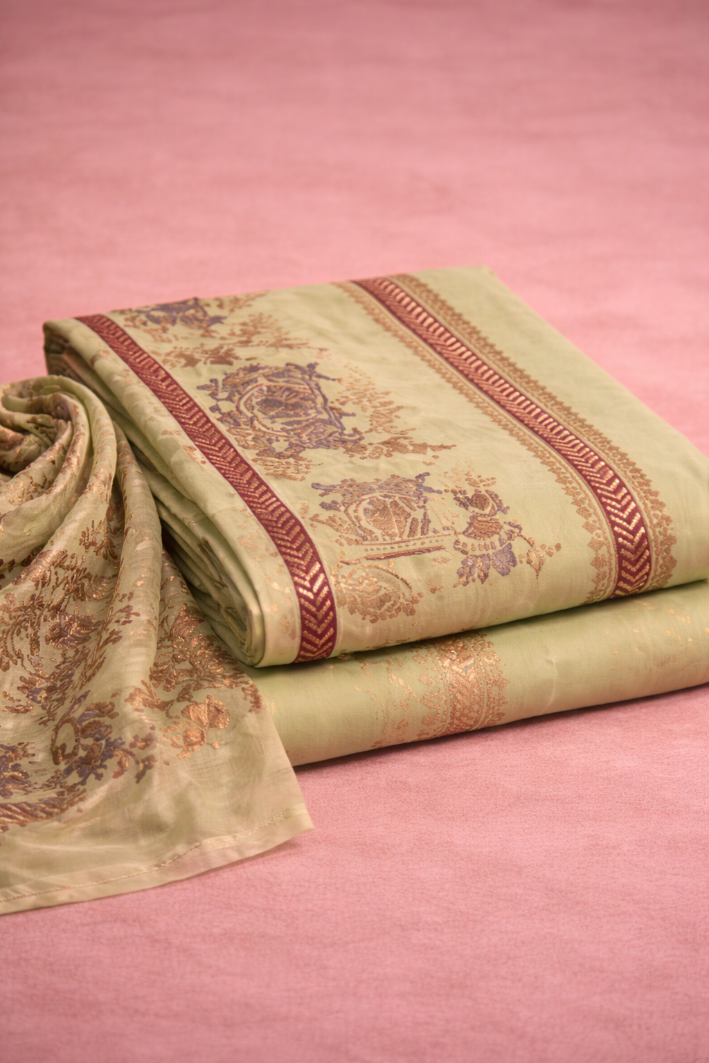 BLOCK PRINTING PASTEL GREEN UNSTICHED SUIT SET