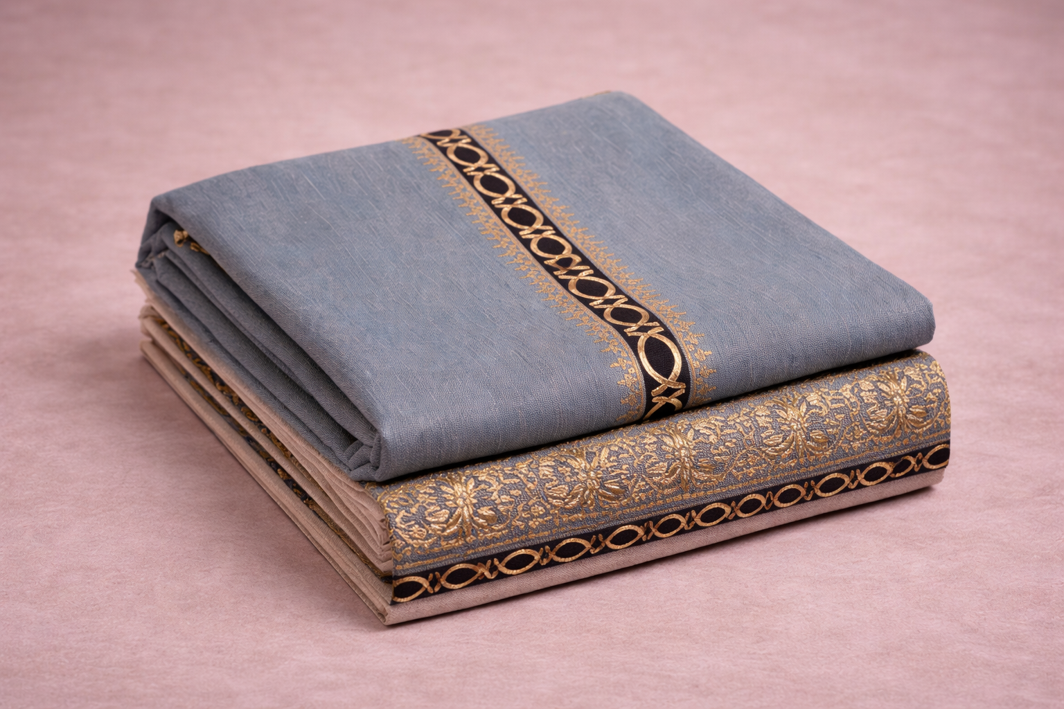 BLUE EMBOSSED AND BLOCK PRINT UNSTICHED SUIT SET