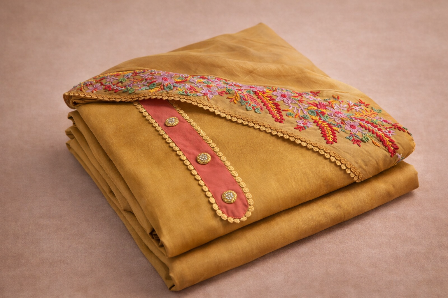 MUSTARD FLORAL MACHINE WORK UNSTICHED SUIT SET