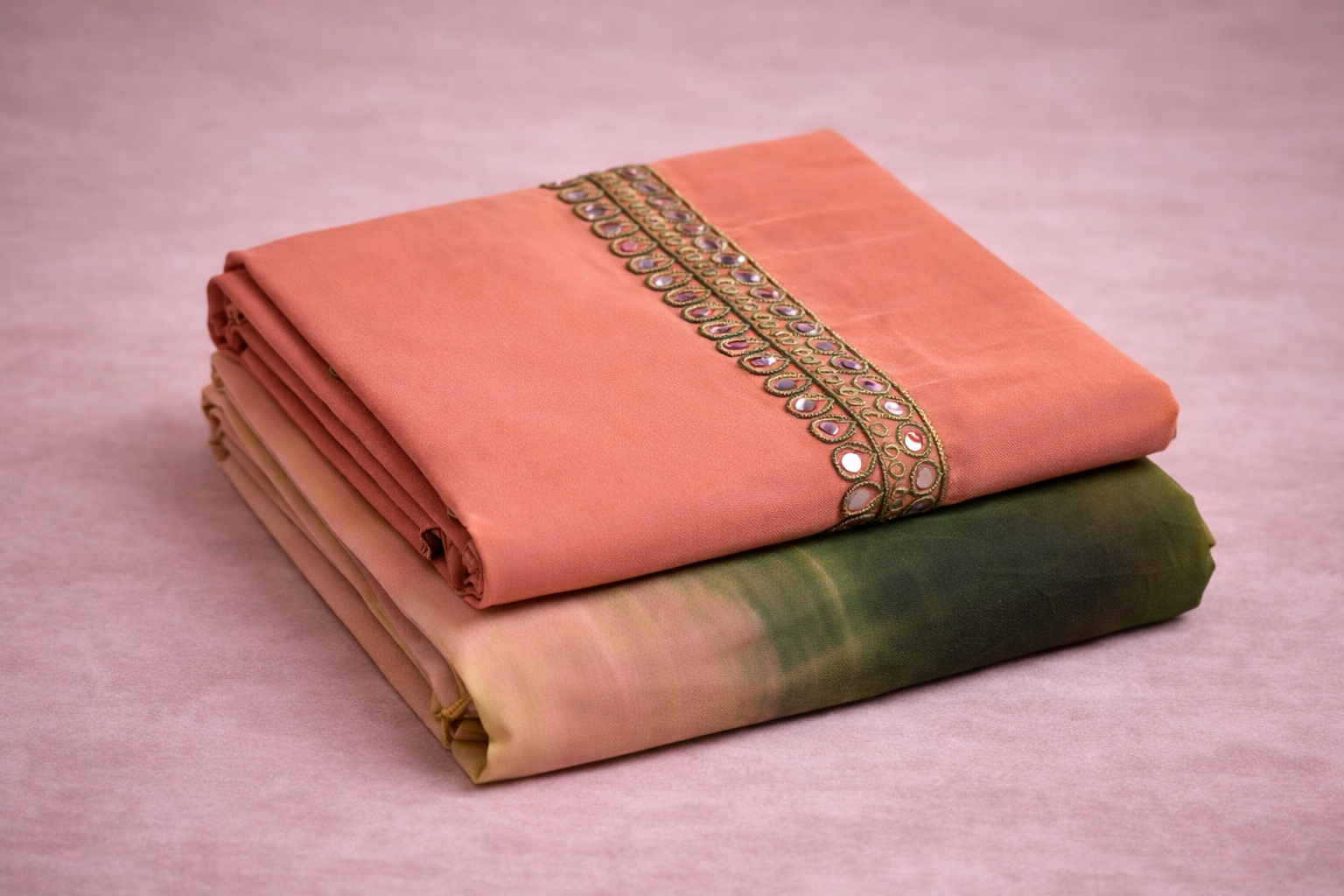 PEACH MIRROR AND AARI WORK UNSTICHED SUIT SET