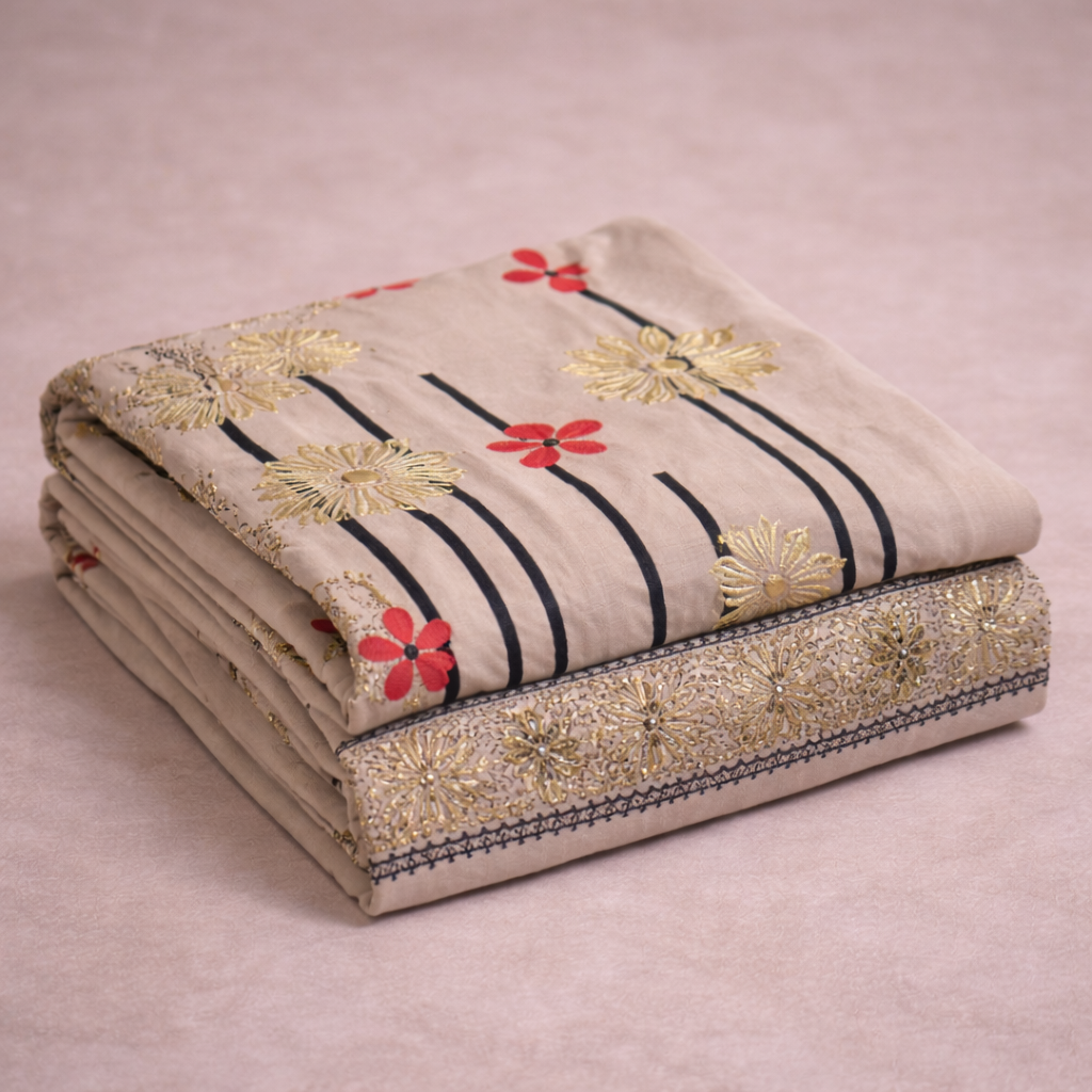 DOVE BLOCK PRINT WITH EMBOSSED WORK UNSTICHED SUIT