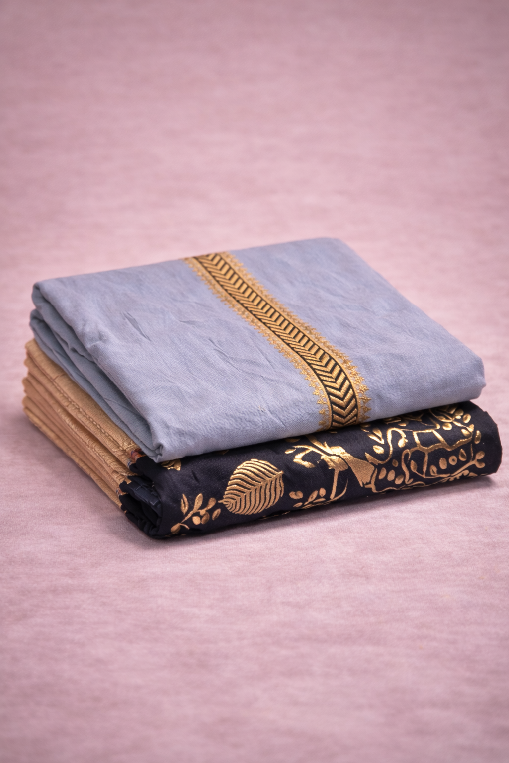 ICE BLUE NAVY EMBOSSED WORK UNSTICHED SUIT SET