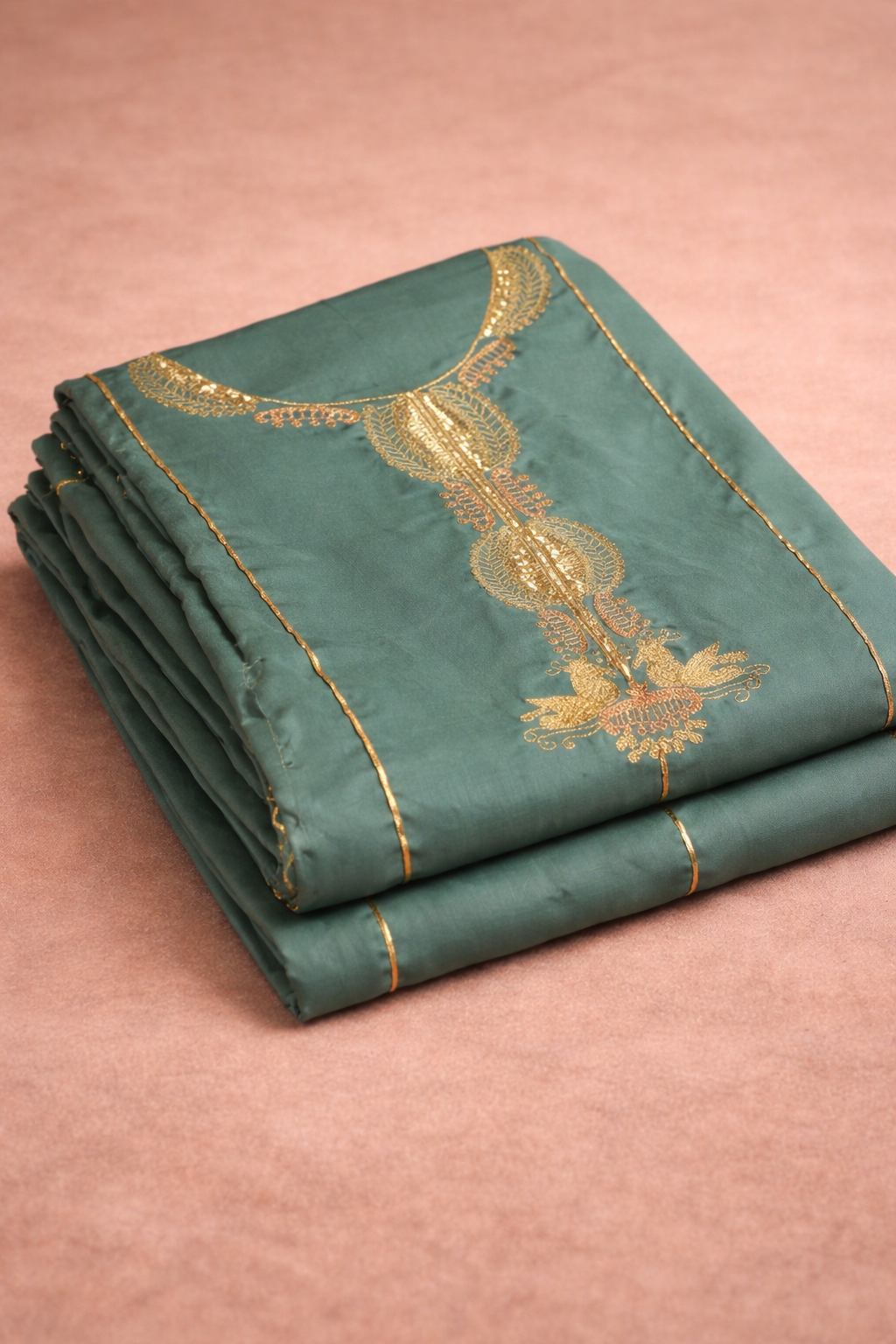 GREEN SATIN AARI WORK UNSTICHED SUIT SET