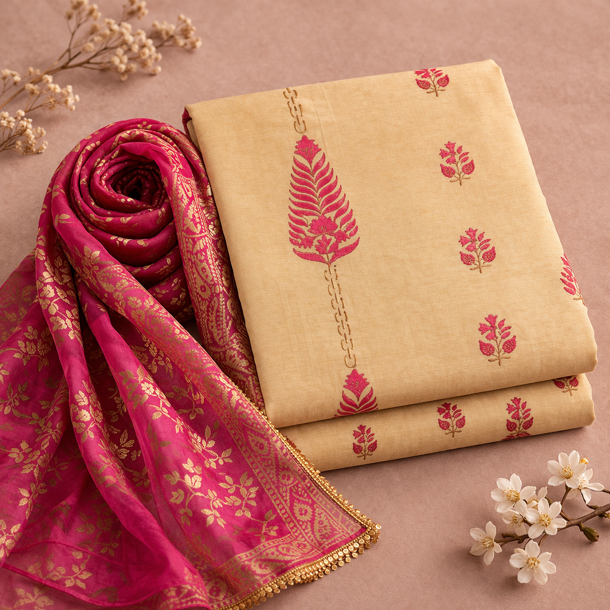 WHITE AND PINK BLOCK PRINT UNSTICHED SUIT SET