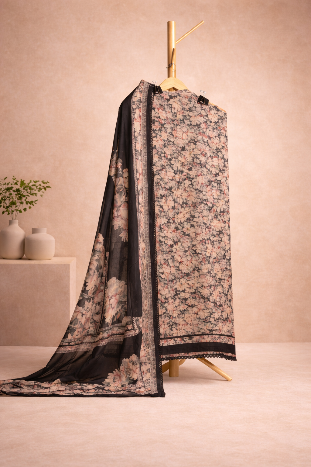 BLACK FLORAL UNSTICHED SUIT SET