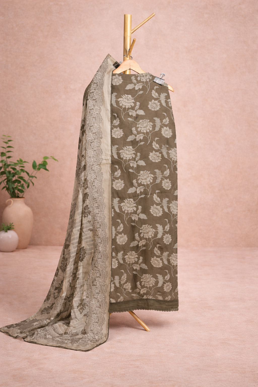 OLIVE GREEN FLORAL UNSTICHED SUIT SET