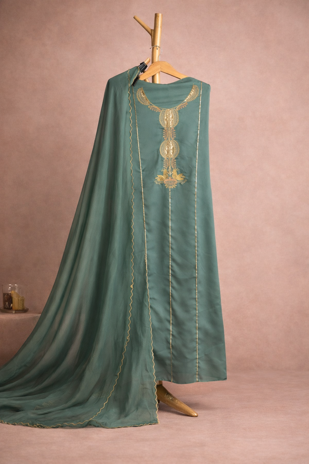 GREEN SATIN AARI WORK UNSTICHED SUIT SET