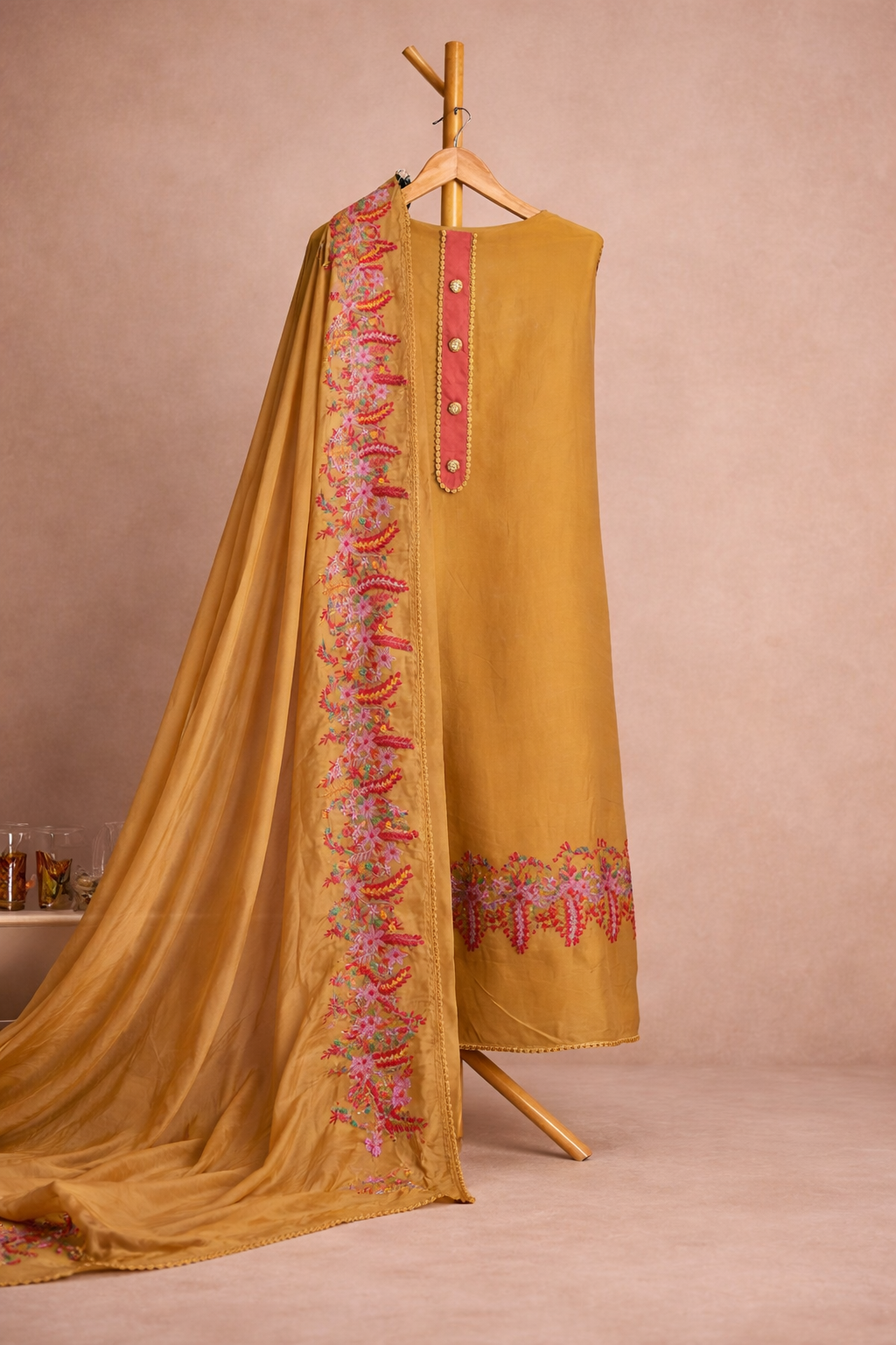MUSTARD FLORAL MACHINE WORK UNSTICHED SUIT SET