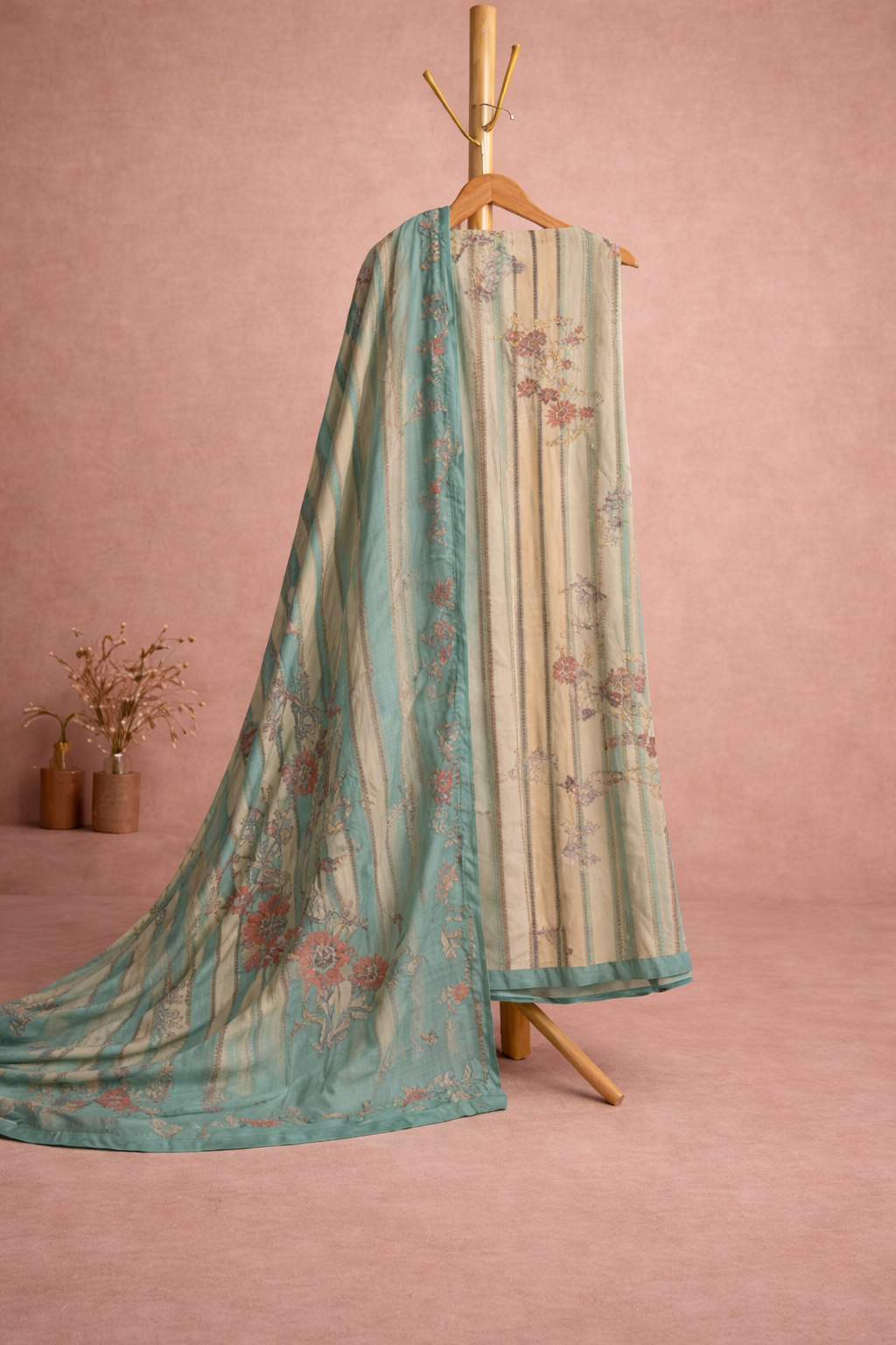 CREAM N BLUE COLOUR UNSTICHED SUIT SET