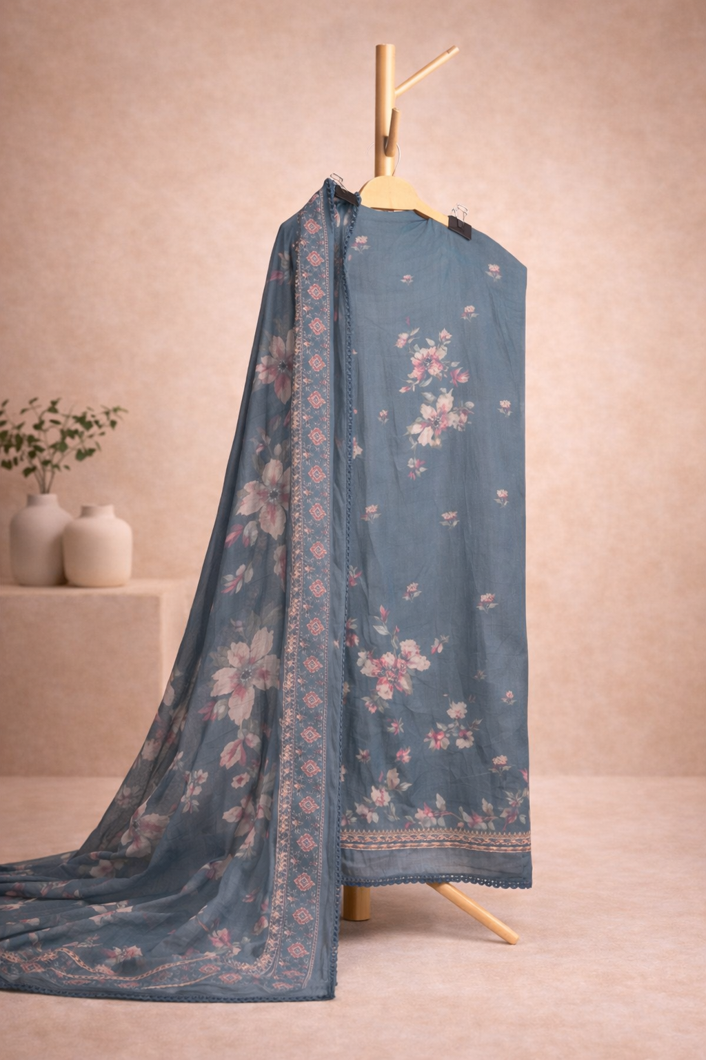 GREY FLORAL UNSTICHED SUIT SET
