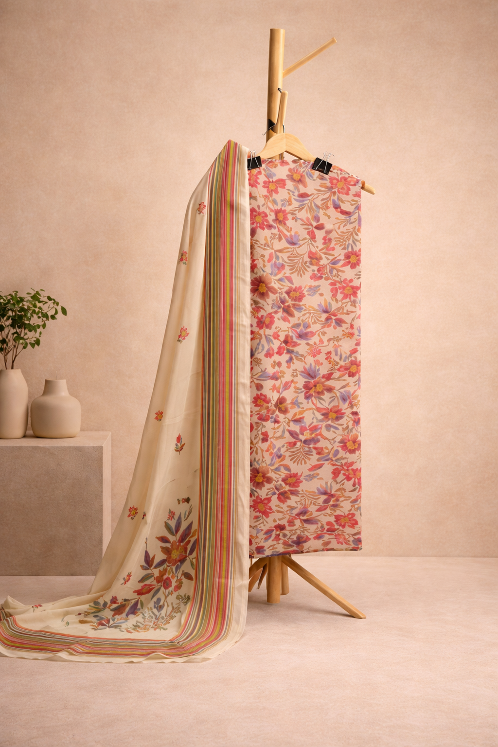 BEIGE FLORAL UNSTICHED SUIT SET
