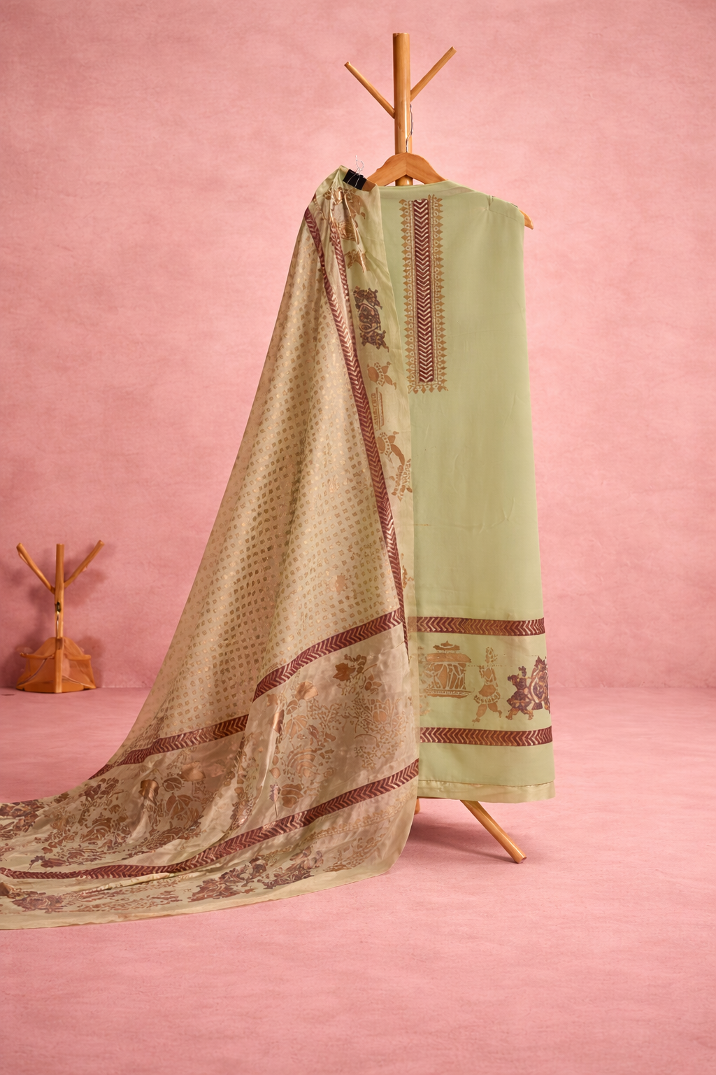 BLOCK PRINTING PASTEL GREEN UNSTICHED SUIT SET