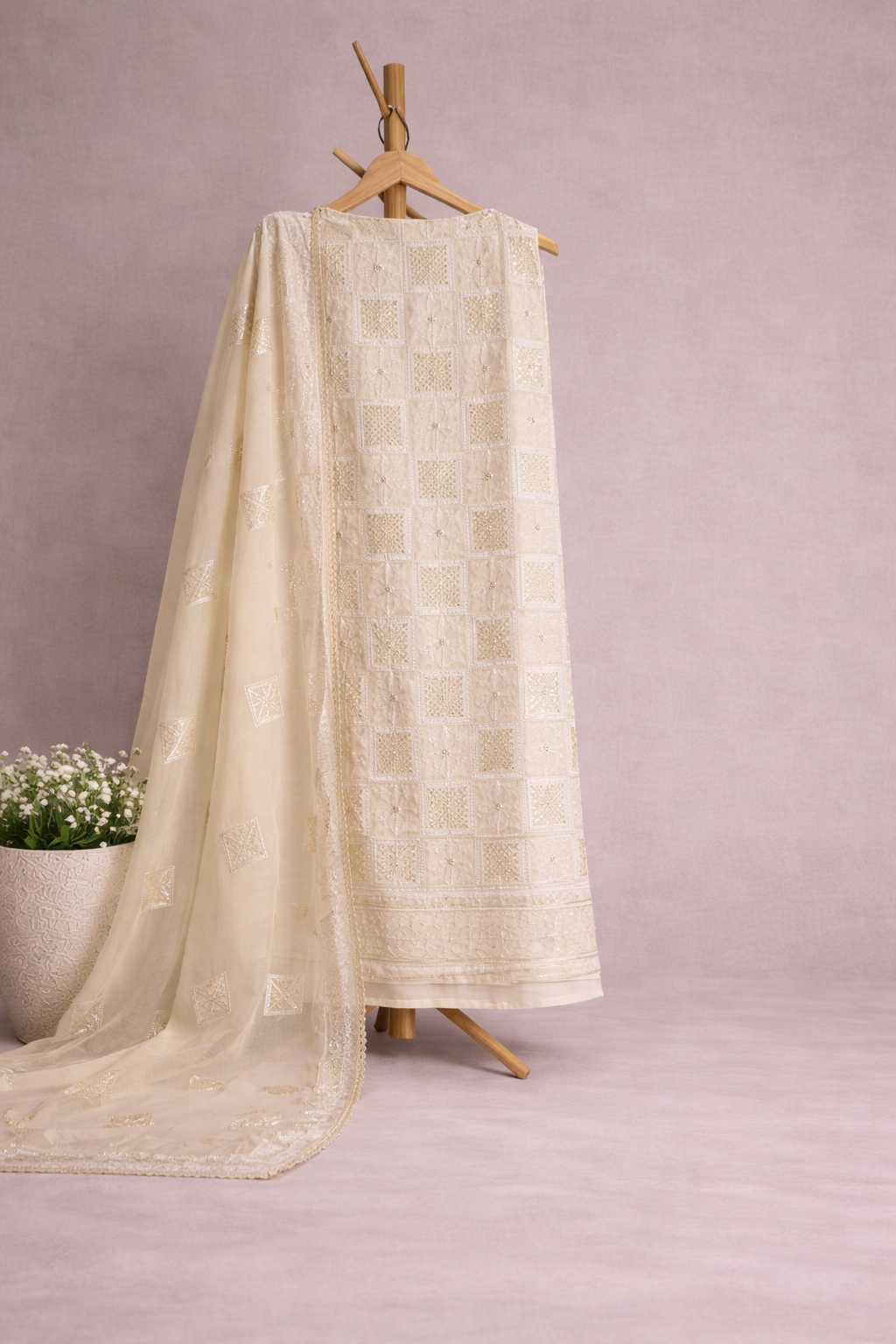 CREAM UNSTICHED SUIT SET