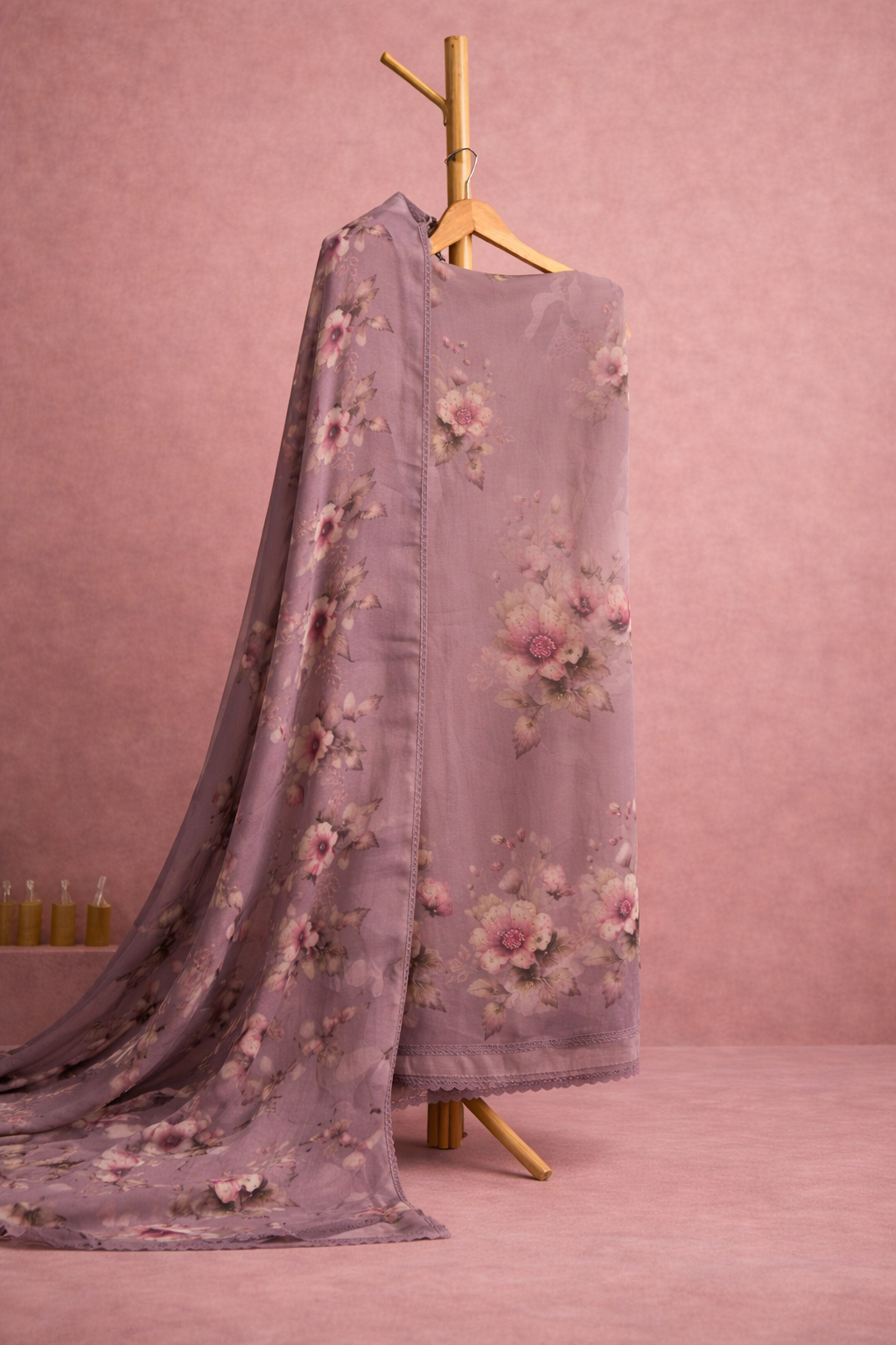 PURPLE FLORAL UNSTICHED SUIT SET