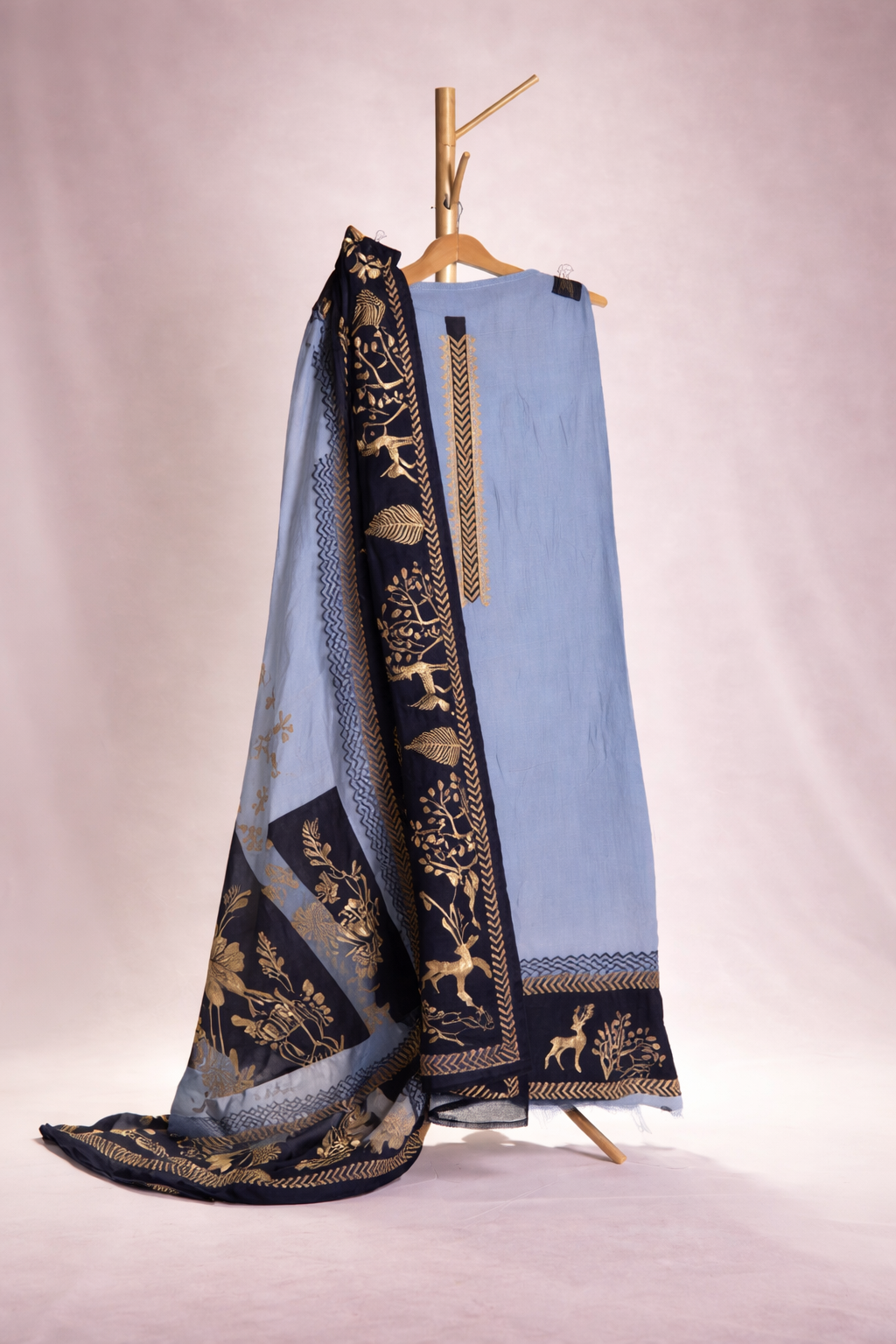 ICE BLUE NAVY EMBOSSED WORK UNSTICHED SUIT SET