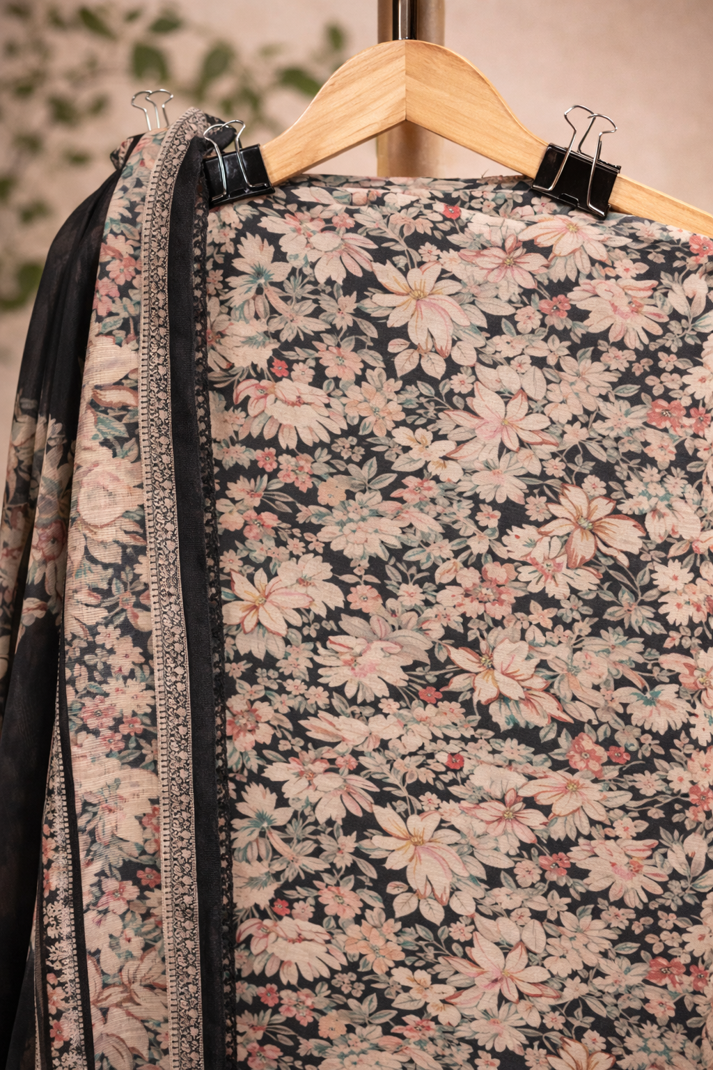 BLACK FLORAL UNSTICHED SUIT SET