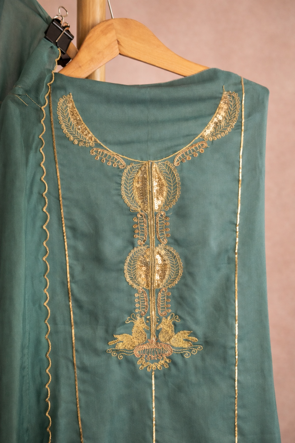 GREEN SATIN AARI WORK UNSTICHED SUIT SET