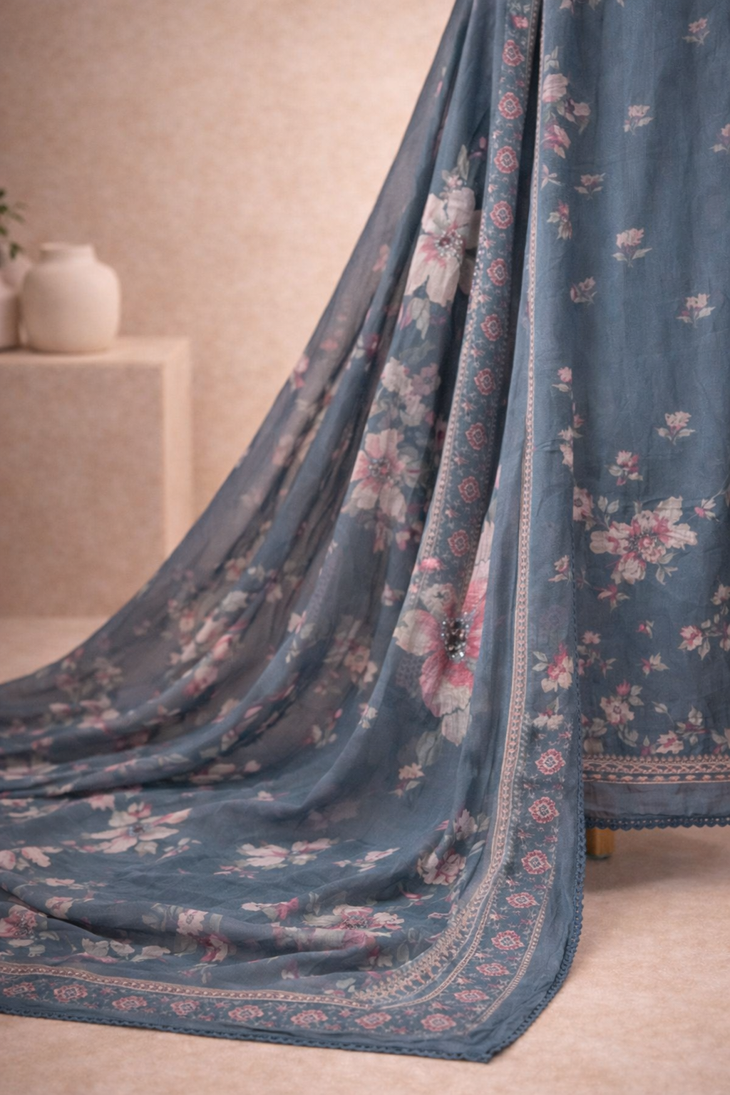 GREY FLORAL UNSTICHED SUIT SET