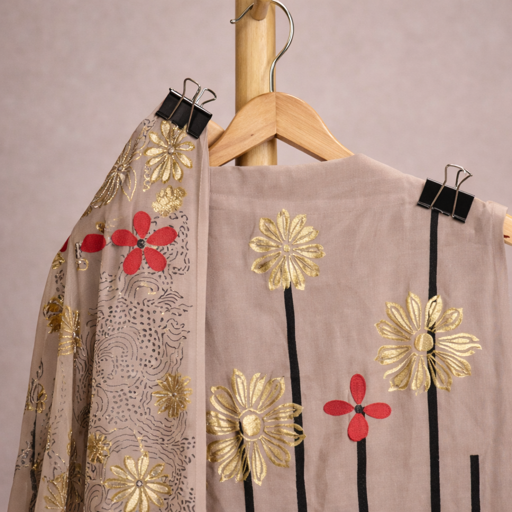 DOVE BLOCK PRINT WITH EMBOSSED WORK UNSTICHED SUIT