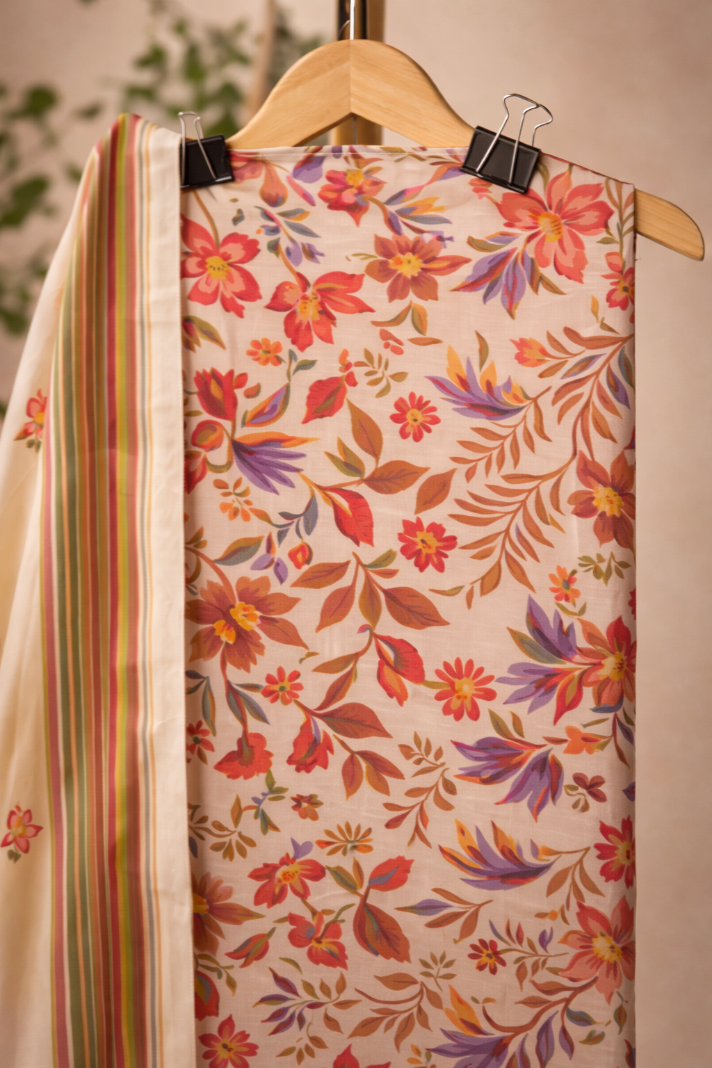 BEIGE FLORAL UNSTICHED SUIT SET