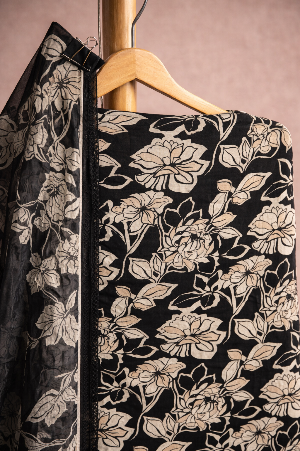 BLACK FLORAL UNSTICHED SUIT SET