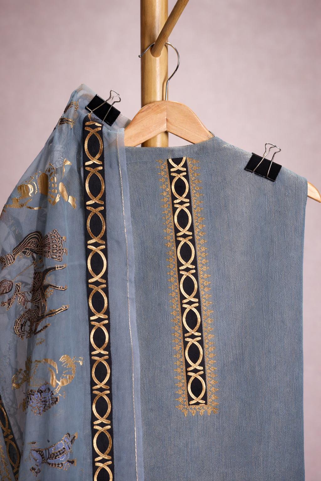 BLUE EMBOSSED AND BLOCK PRINT UNSTICHED SUIT SET