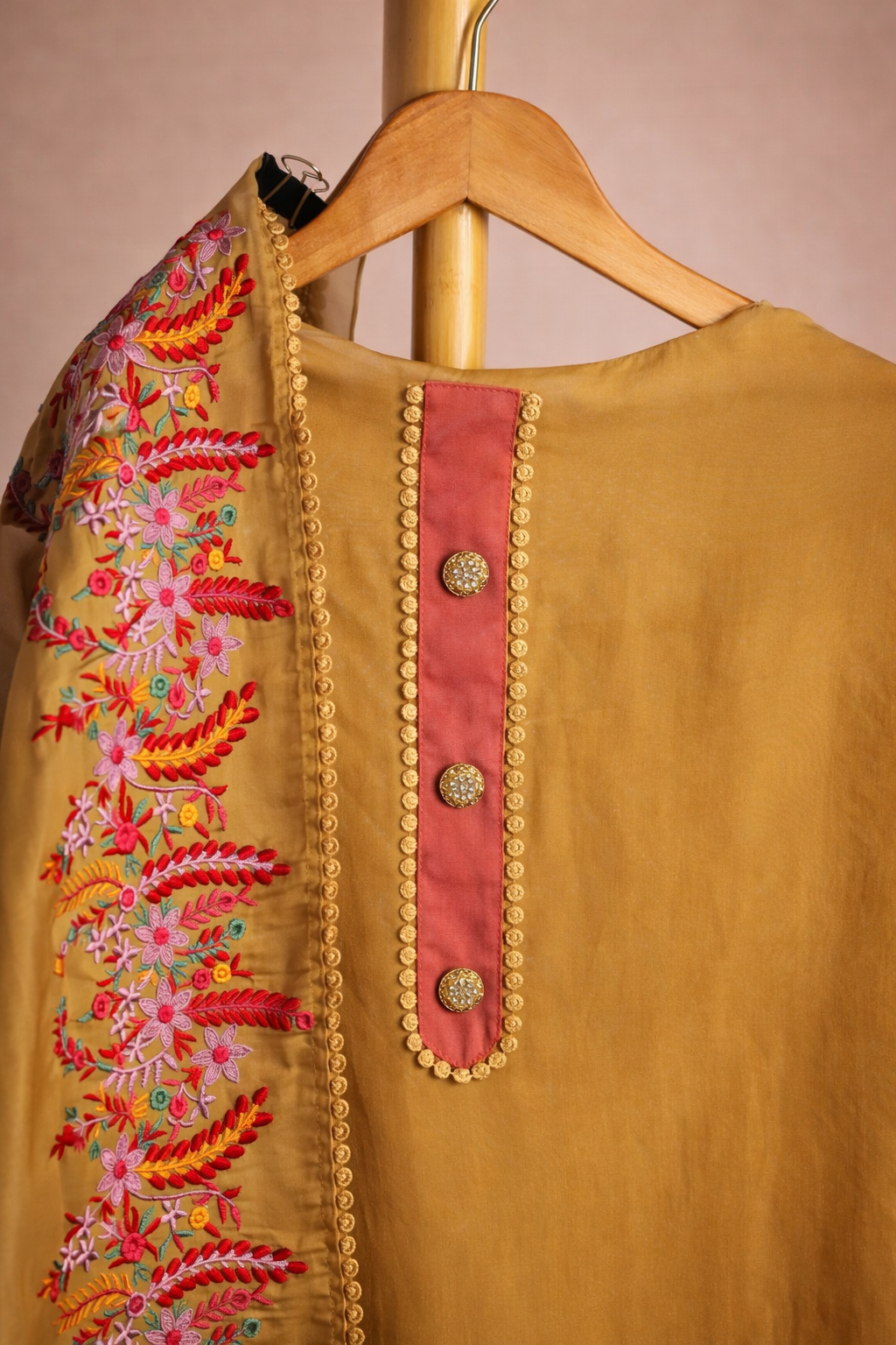 MUSTARD FLORAL MACHINE WORK UNSTICHED SUIT SET