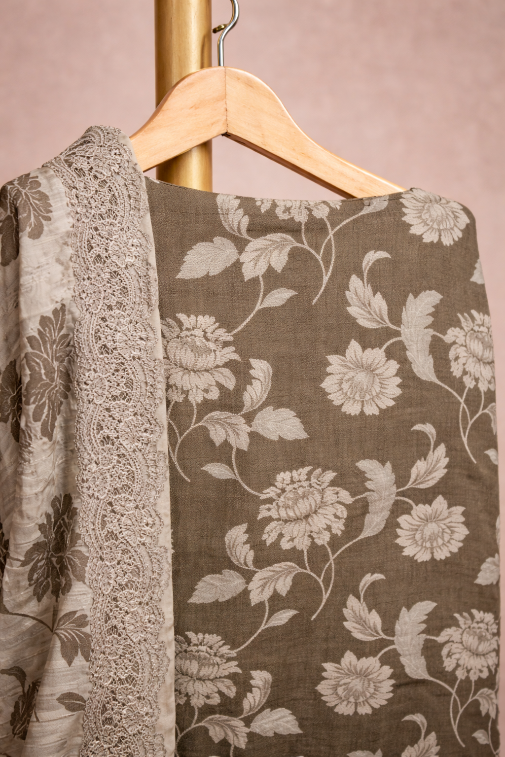 OLIVE GREEN FLORAL UNSTICHED SUIT SET