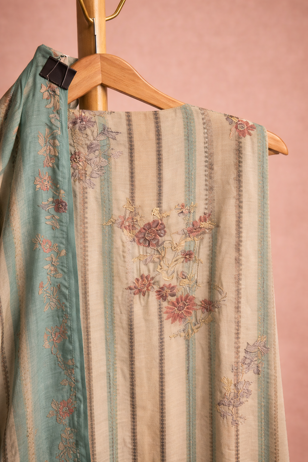 CREAM N BLUE COLOUR UNSTICHED SUIT SET