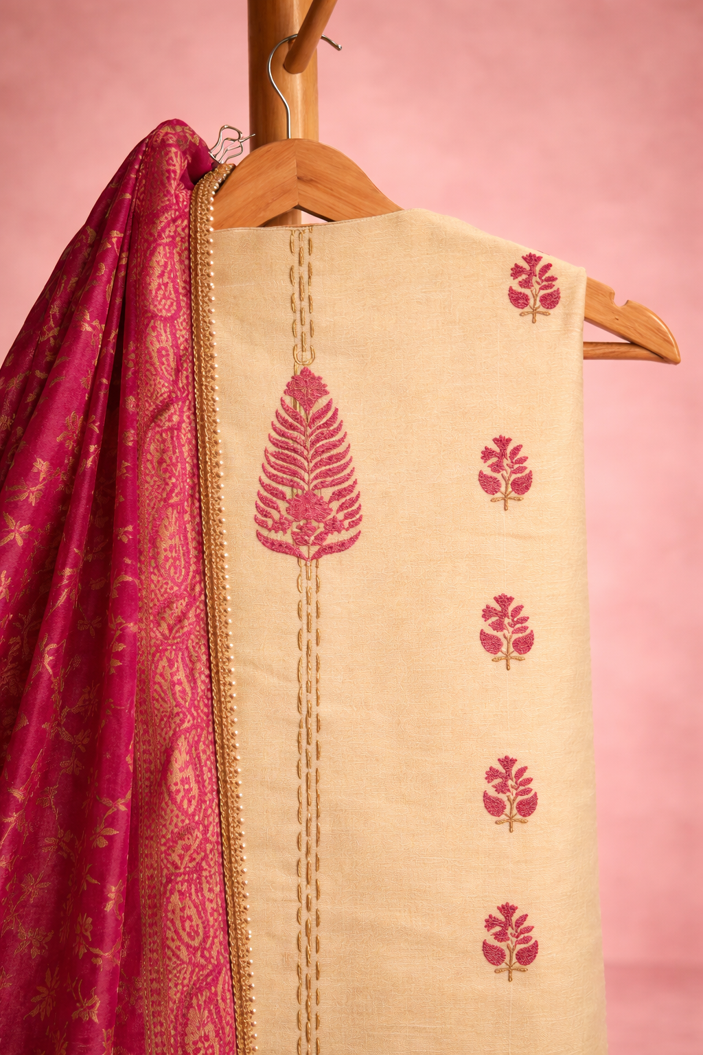 WHITE AND PINK BLOCK PRINT UNSTICHED SUIT SET