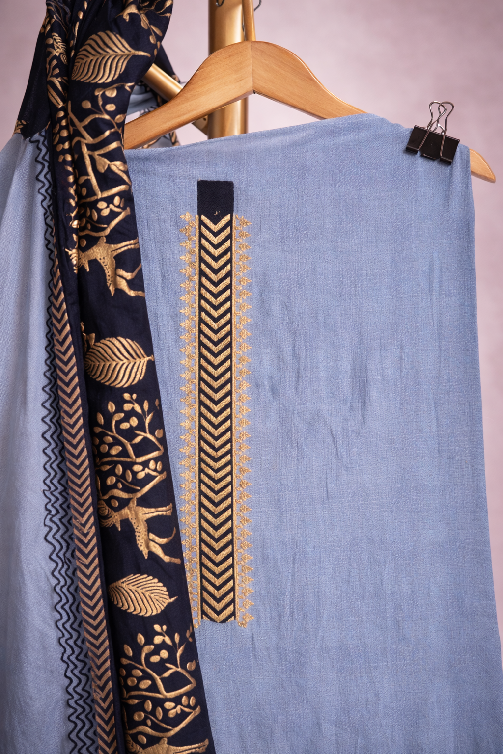 ICE BLUE NAVY EMBOSSED WORK UNSTICHED SUIT SET