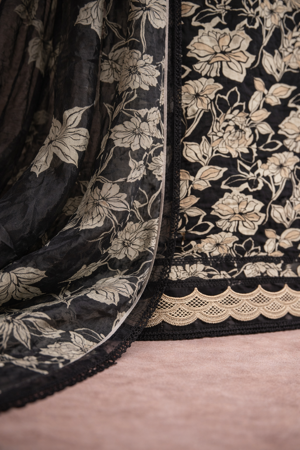 BLACK FLORAL UNSTICHED SUIT SET