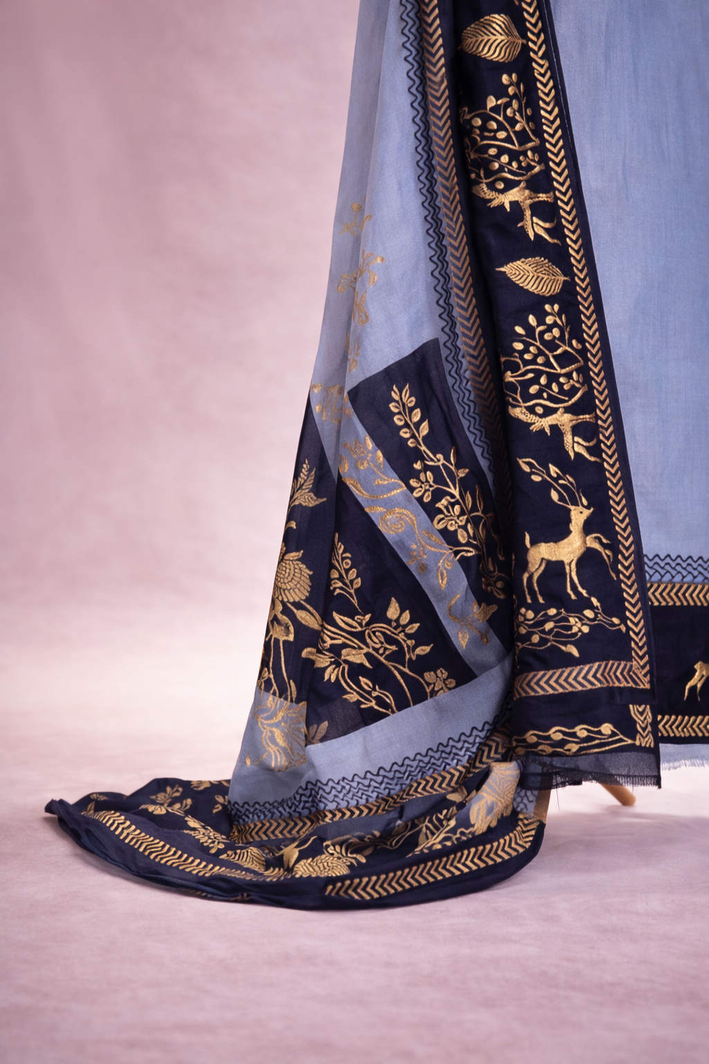 ICE BLUE NAVY EMBOSSED WORK UNSTICHED SUIT SET