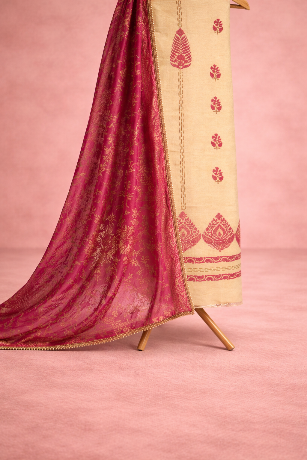 WHITE AND PINK BLOCK PRINT UNSTICHED SUIT SET