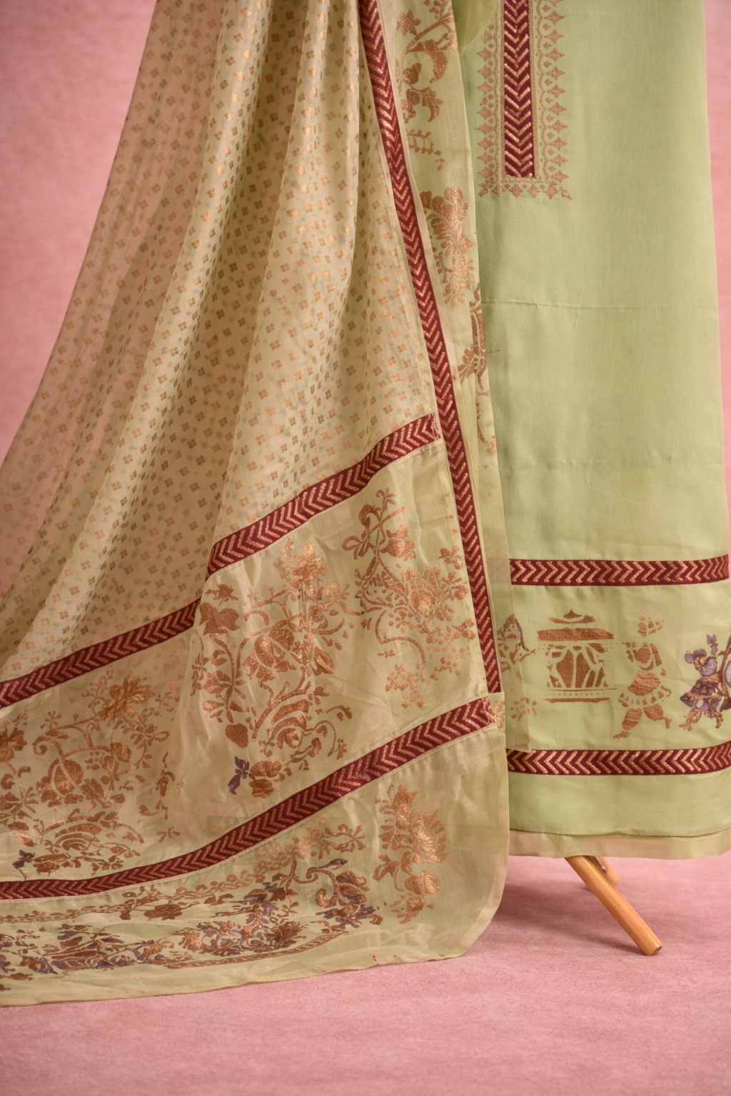 BLOCK PRINTING PASTEL GREEN UNSTICHED SUIT SET