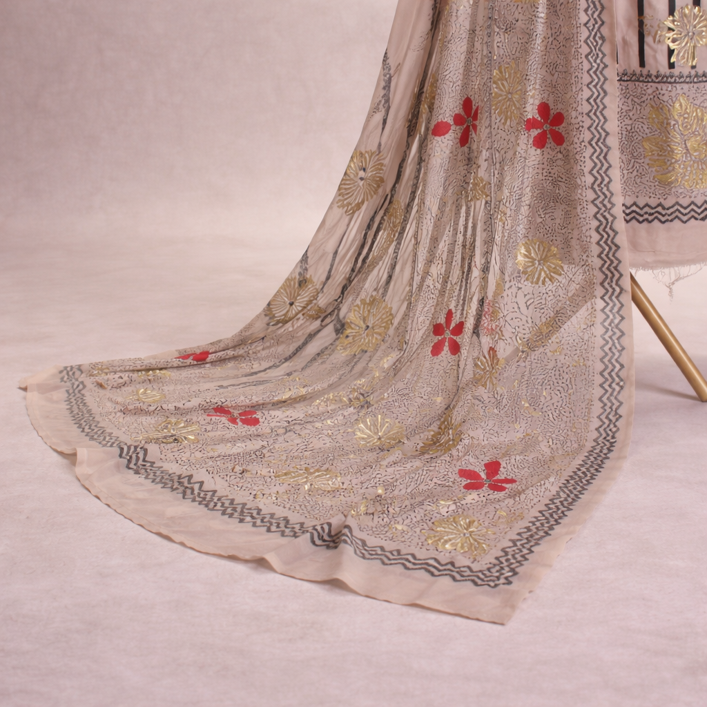 DOVE BLOCK PRINT WITH EMBOSSED WORK UNSTICHED SUIT