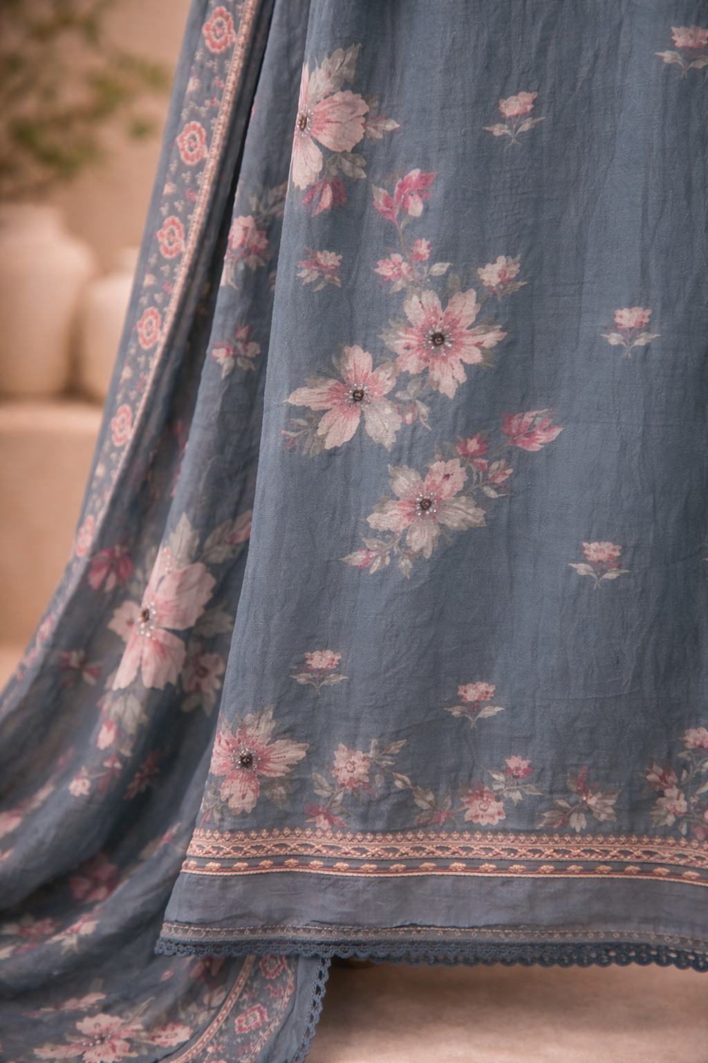 GREY FLORAL UNSTICHED SUIT SET