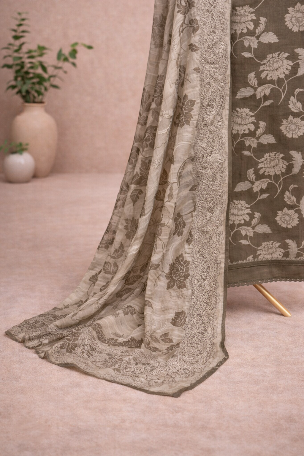 OLIVE GREEN FLORAL UNSTICHED SUIT SET