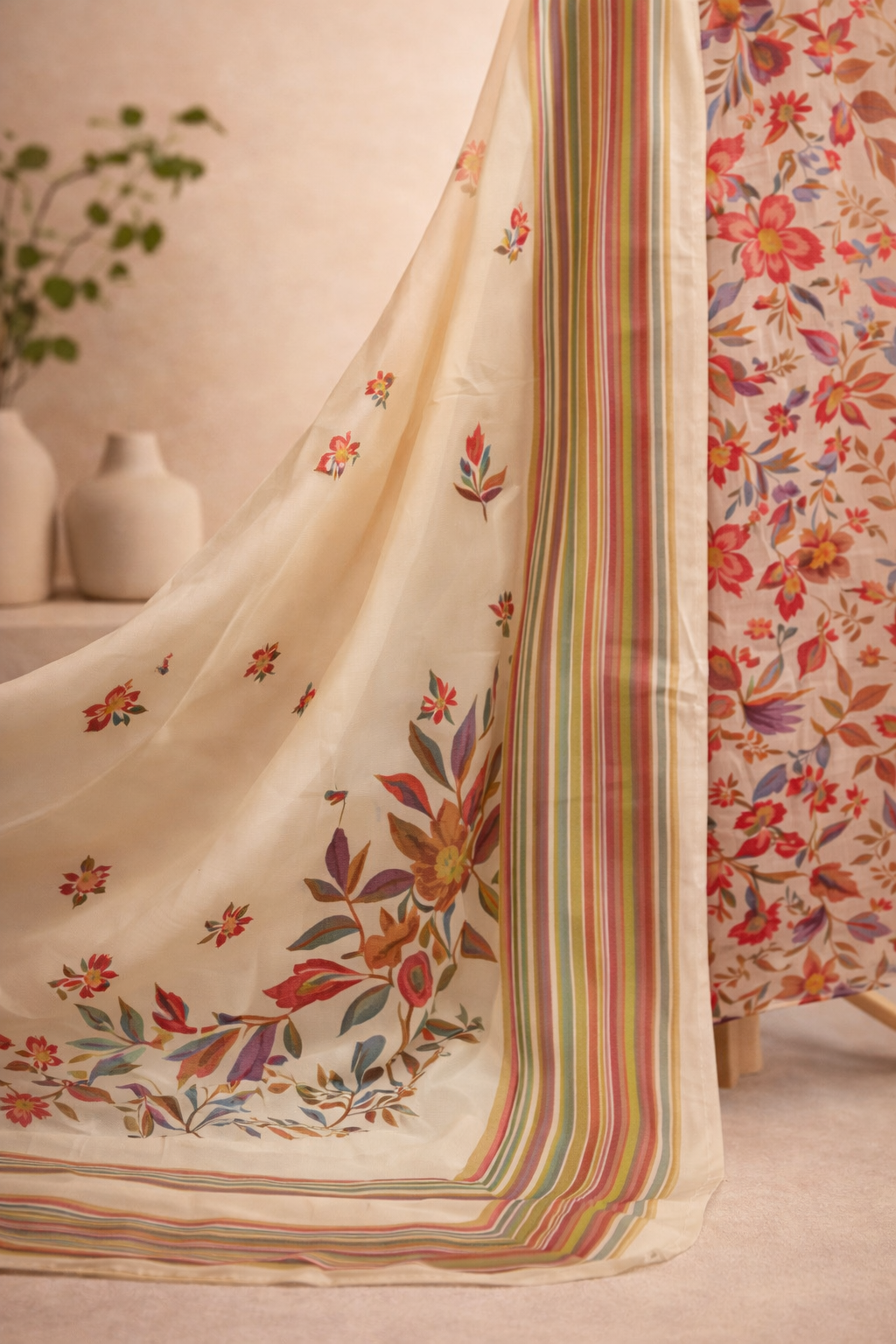 BEIGE FLORAL UNSTICHED SUIT SET