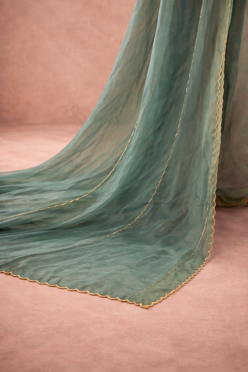 GREEN SATIN AARI WORK UNSTICHED SUIT SET