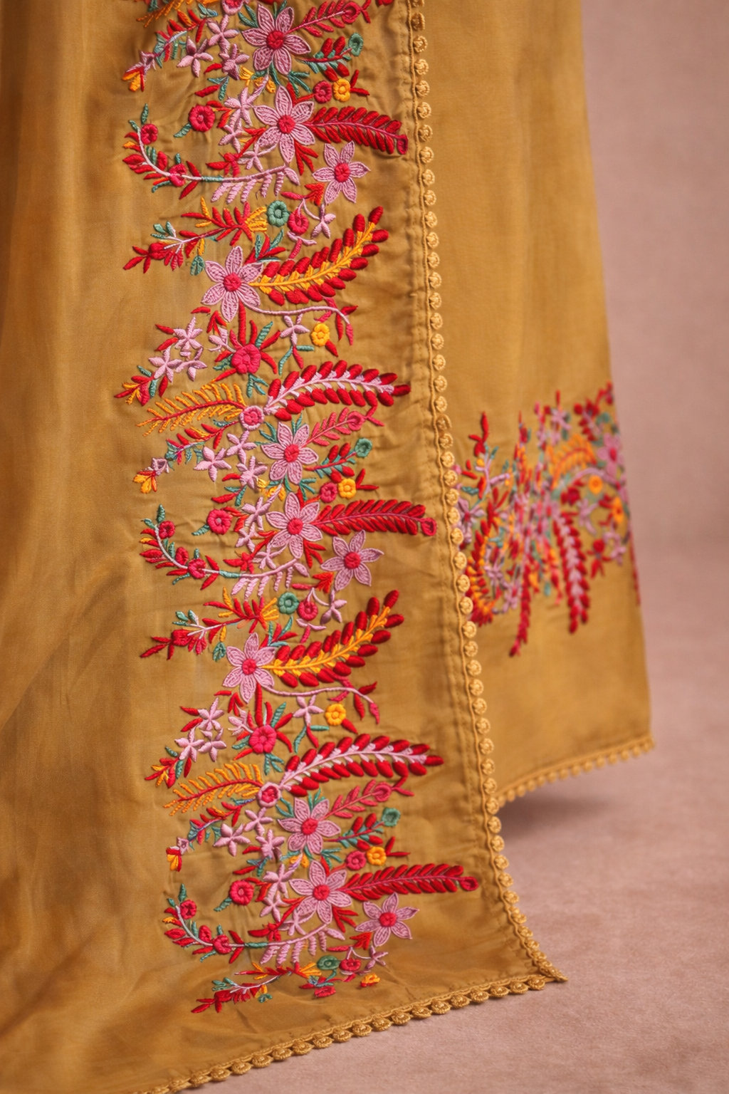 MUSTARD FLORAL MACHINE WORK UNSTICHED SUIT SET