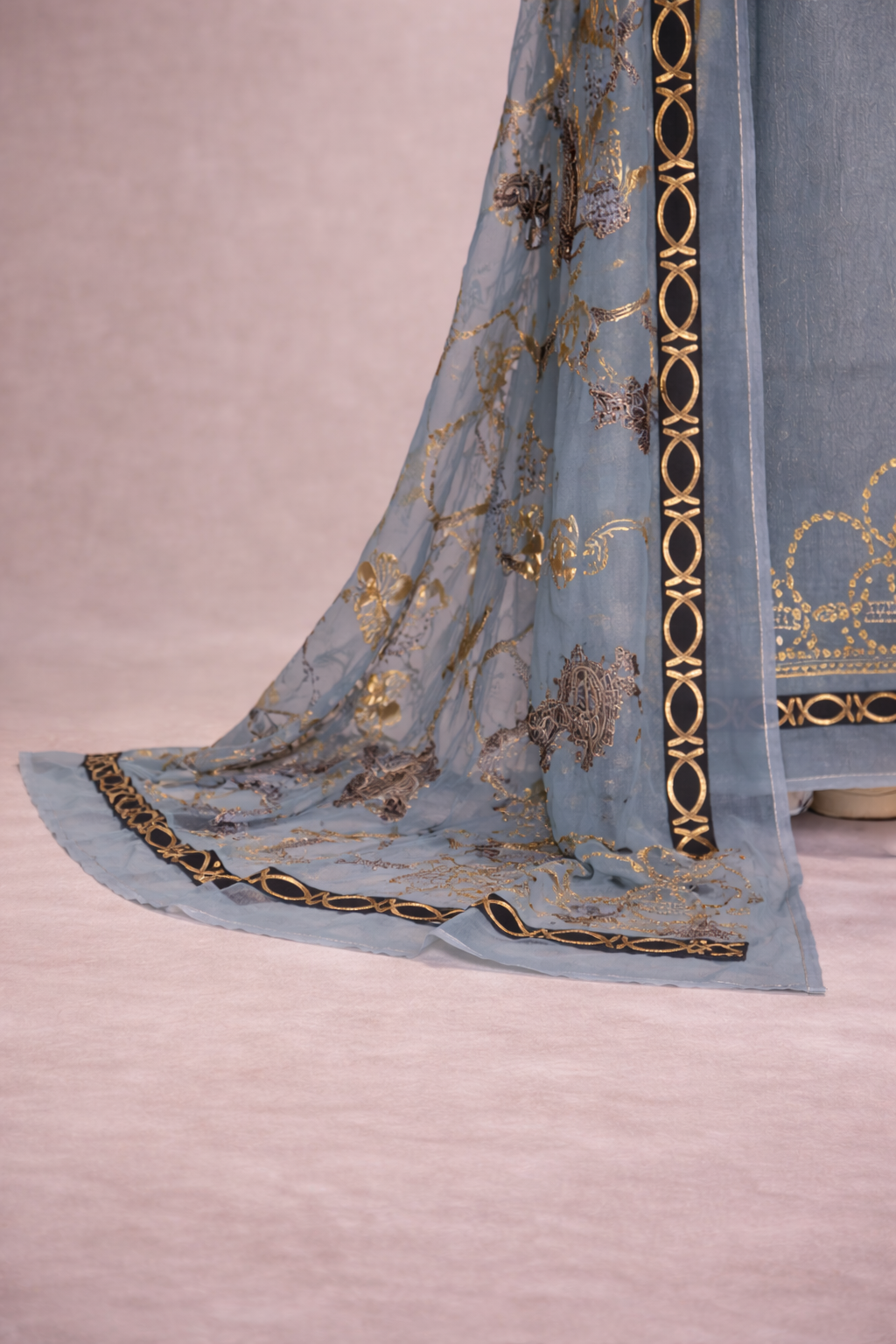 BLUE EMBOSSED AND BLOCK PRINT UNSTICHED SUIT SET